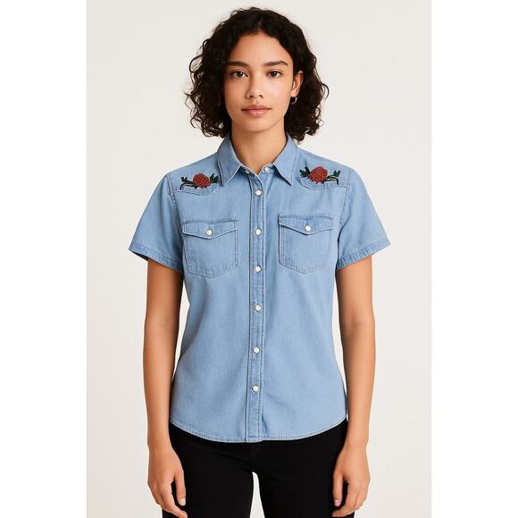 Pac Sun Tops - PacSun Denim Western Shirt Medium Embroidered Roses